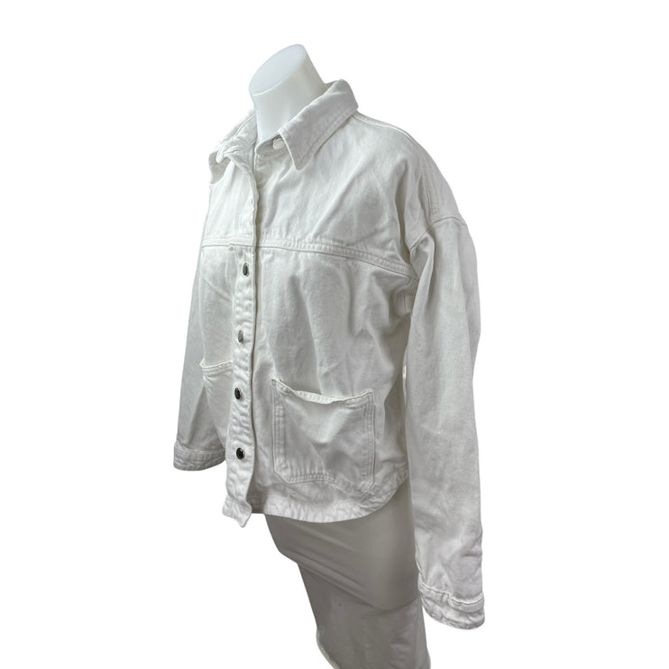 Zara Women's White Collared Long Sleeve Button Down Shirt Denim Coat Jacket M/L