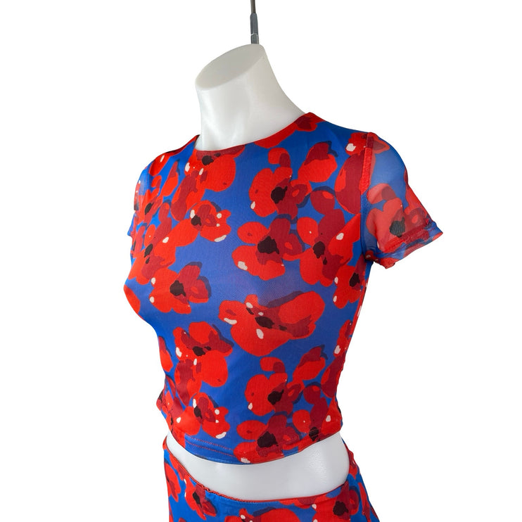 Princess Polly Blue Red Floral Short Sleeve Crop Top Slit Mini Skirt 2 Pc Set 4