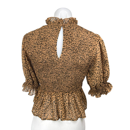 Shop Neighbor Brown Leopard Animal Print Short Sleeve Peplum Blouse Top Size S