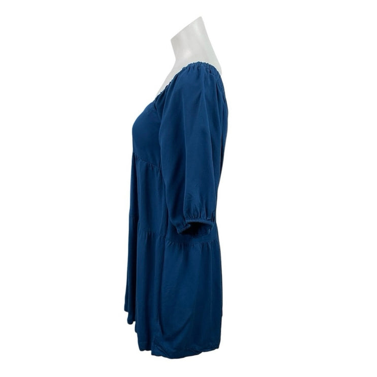Shinestar Blue Square Neck 3/4 Sleeve Tiered Mini Babydoll Flare A-Line Dress XS