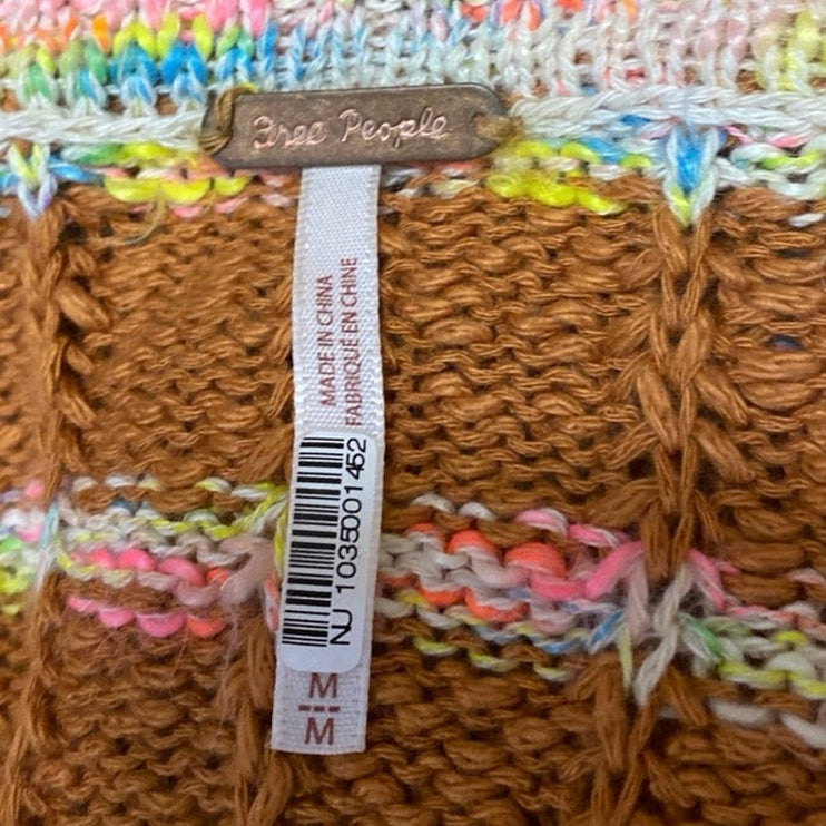 Free People Now and Then Brown Multicolor Striped Short Sleeve Knit Sweater Sz M