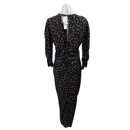 NEW Topshop Black Floral V Neck Long Sleeve Ruched Midi Sheath Dress Size 8