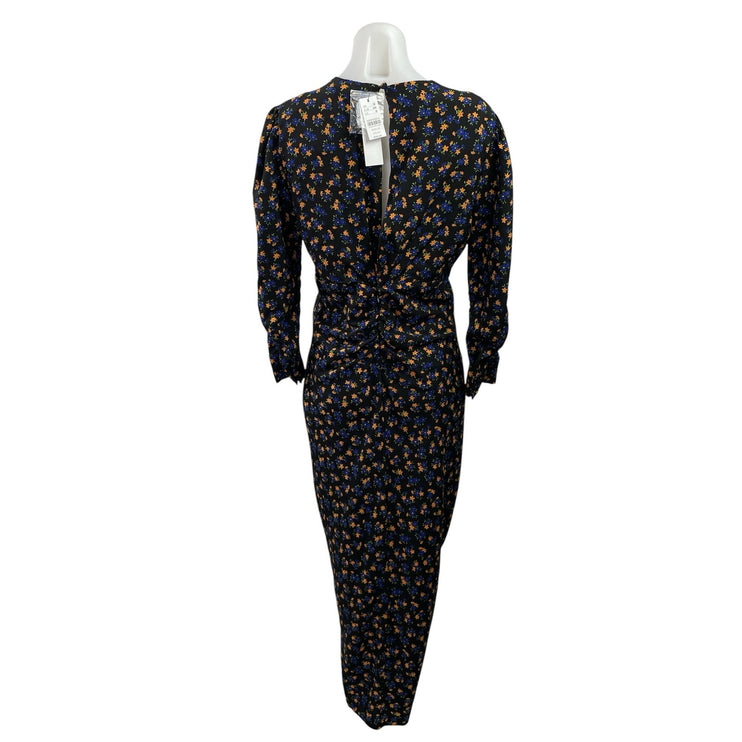 NEW Topshop Black Floral V Neck Long Sleeve Ruched Midi Sheath Dress Size 8