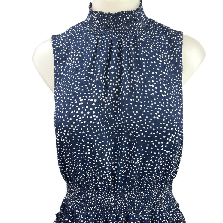 Express Navy Blue White Polka Dots Turtleneck Sleeveless Ruffle Tiered Dress M