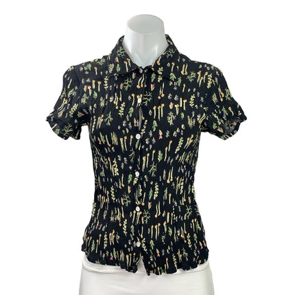Putomayo Womens Black Floral Crinkled Short Sleeve Button Down Shirt Top Size S