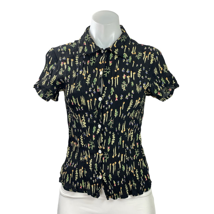 Putomayo Womens Black Floral Crinkled Short Sleeve Button Down Shirt Top Size S