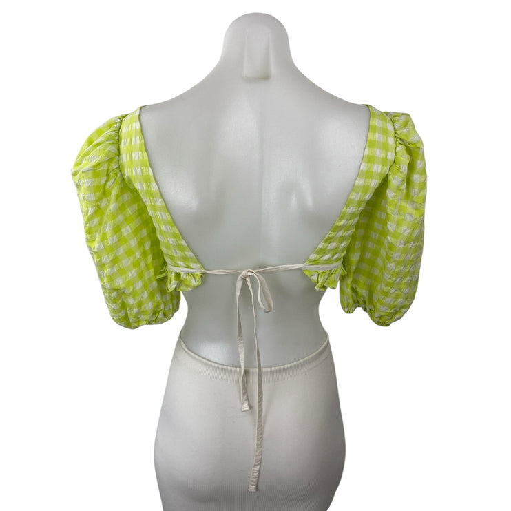 For Love & Lemons Maureen Green Gingham Check Puff Sleeve Crop Top Size XS