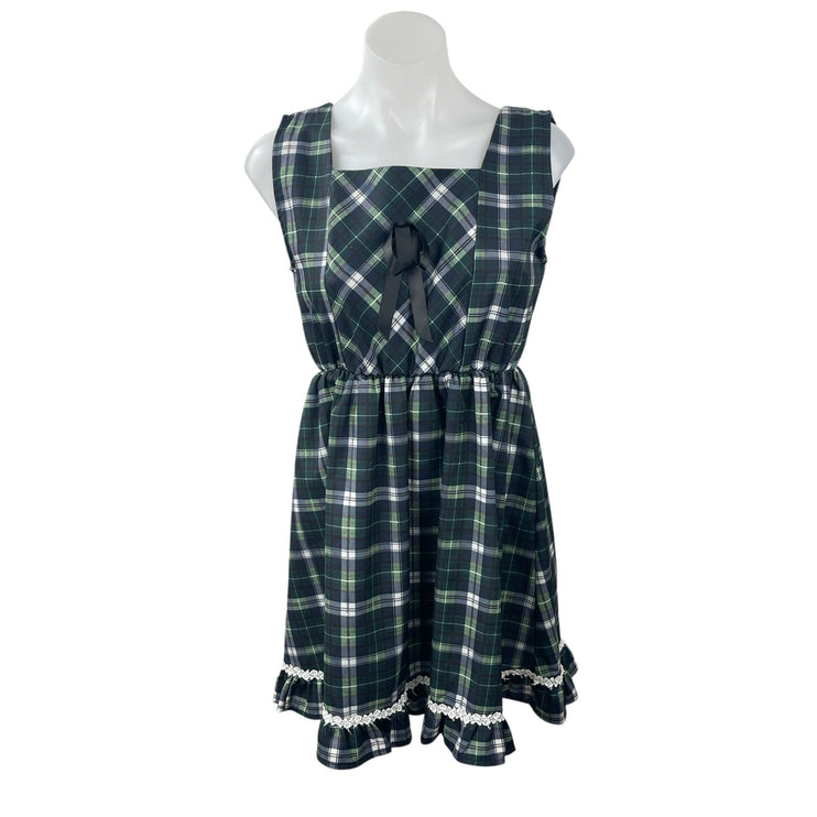 Juan Juan Green Plaid Check Lace Trim Ruffled Mini Tank Flare A-Line Dress S/M
