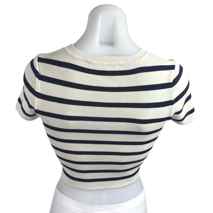 Zara Women's White Black Striped Rib Knit Short Sleeve Crop Tee T shirt Top Sz S