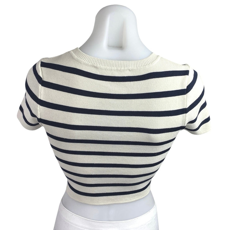 Zara Women's White Black Striped Rib Knit Short Sleeve Crop Tee T shirt Top Sz S