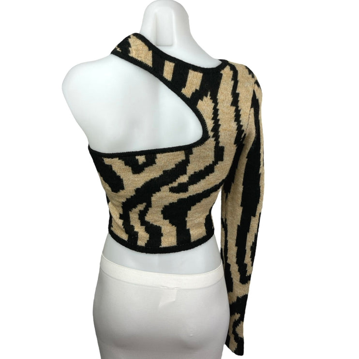 NBD Olivia Zebra Animal Print Wool Asymmetrical Cut-Out Shoulder Sweater Top XS