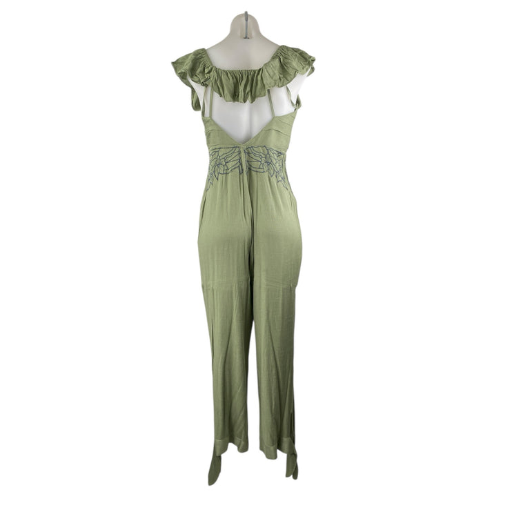 Free People In The Moment Green Floral Embroidered Off The Shoulder Jumpsuit 2