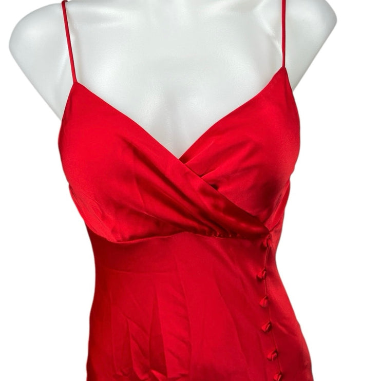 NEW Zara Womens Red Silk Satin Sleeveless Button V Neck Sheath Midi Dress Size S