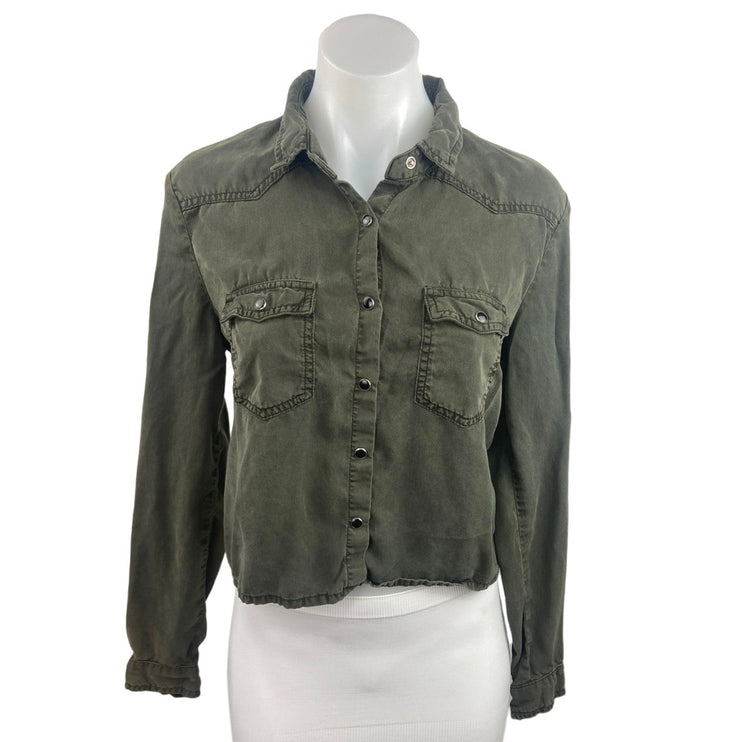 The Kooples Green Denim Jean Pocket Cropped Button Down Trucker Jacket Size M