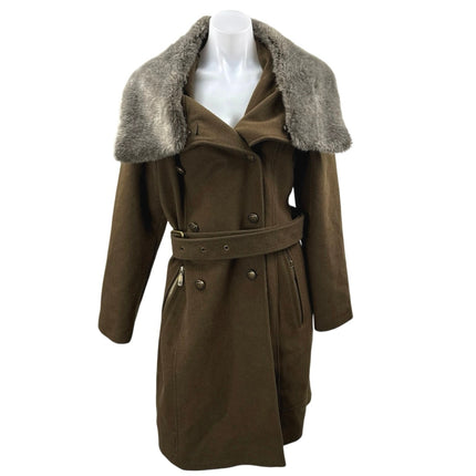 Vince Camuto Olive Green Wool Faux Fur Collar Long Sleeve Trench Coat Jacket L