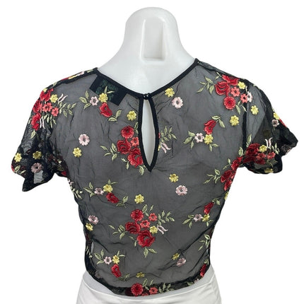 Storia Womens Black Lace Sheer Embroidered Floral Short Sleeve Crop Blouse Top S