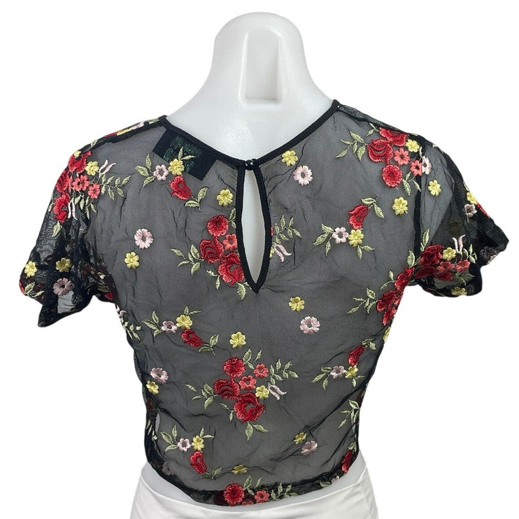 Storia Womens Black Lace Sheer Embroidered Floral Short Sleeve Crop Blouse Top S