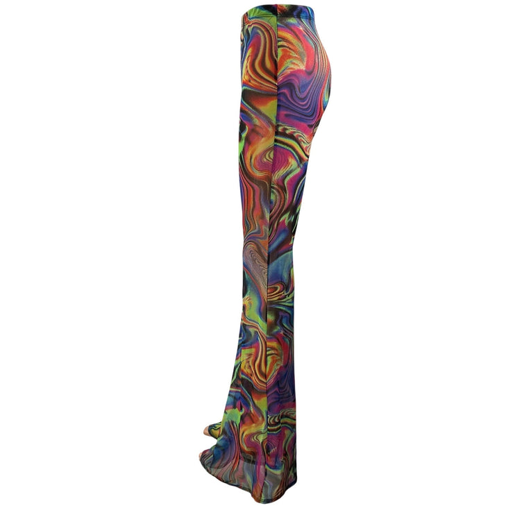 One By One Multicolor High Rise Psychedelic Swirl Print Flared Trouser Pants S