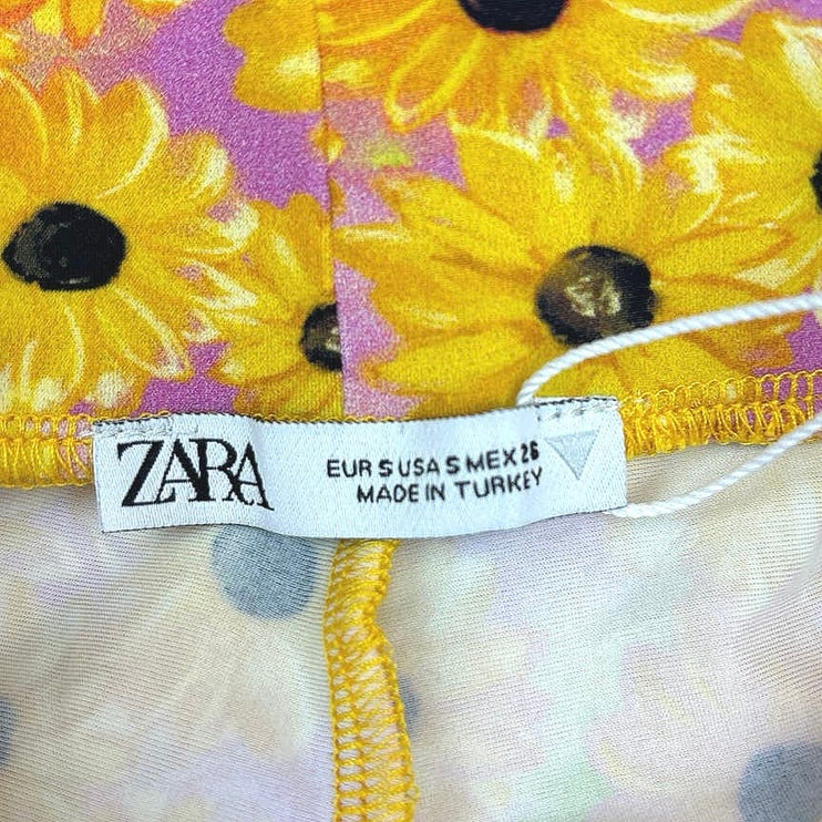 Zara NWT Pink Yellow Sunflower Floral Yoga Fitted Stretch Athletic Bike Shorts S