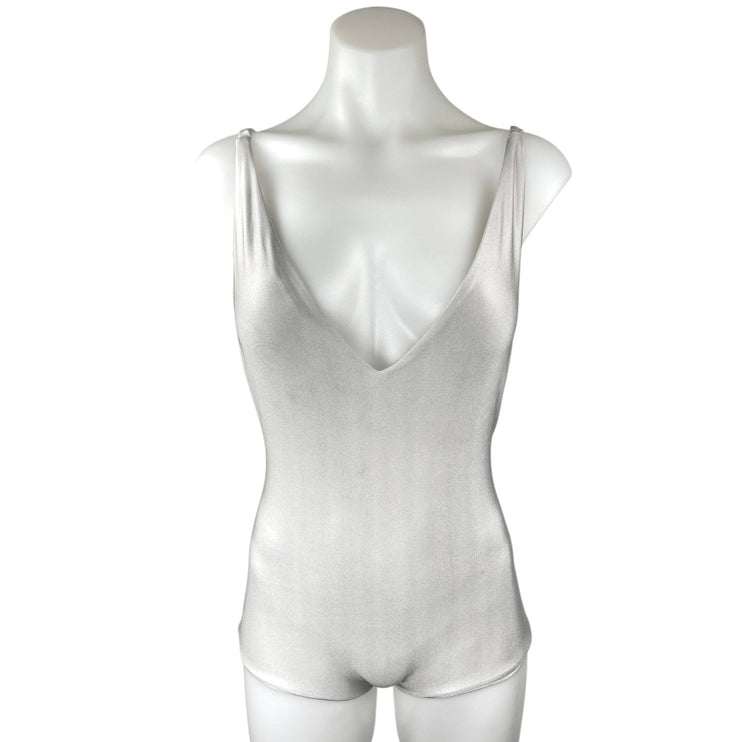 Farm Rio Silver Metallic Sleeveless V-Neck Beach Swimwear Bodysuit Tank Top Sz M