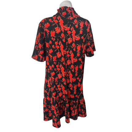 Zara Black Red Floral Short Sleeve Ruffle Turtleneck Mini Shift Dress Size M12