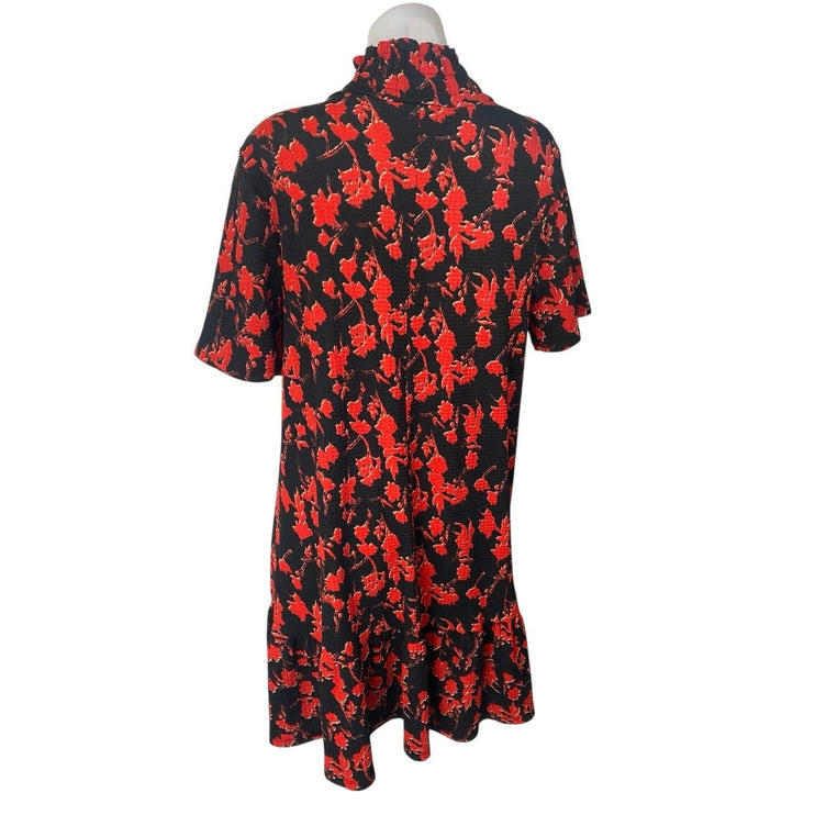 Zara Black Red Floral Short Sleeve Ruffle Turtleneck Mini Shift Dress Size M12