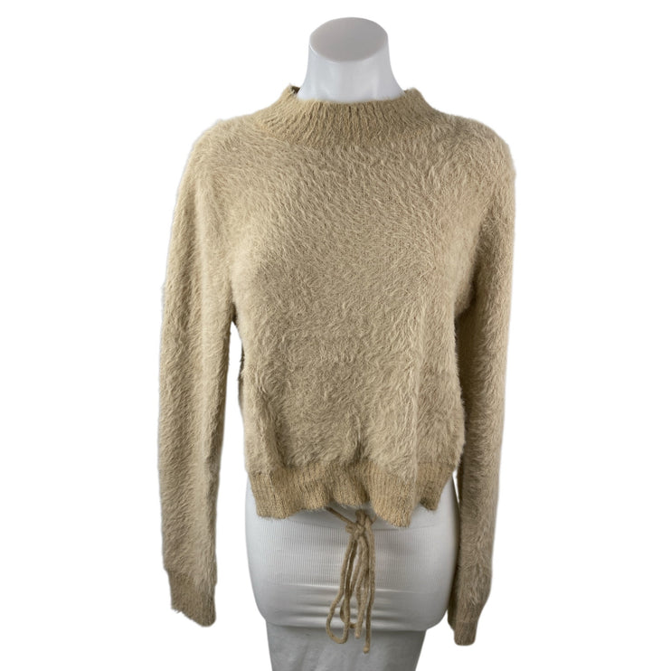 Le Lis Beige Fuzzy Knit Mock Neck Long Sleeve Drawstring Hem Crop Sweater Top L