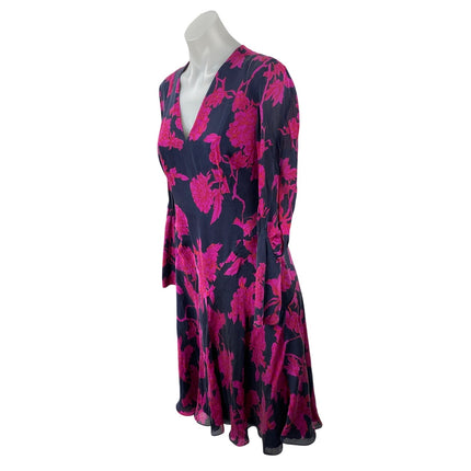 L.K. Bennett Navy Blue Pink Floral Long Sleeve V Neck A Line Midi Dress Size 6