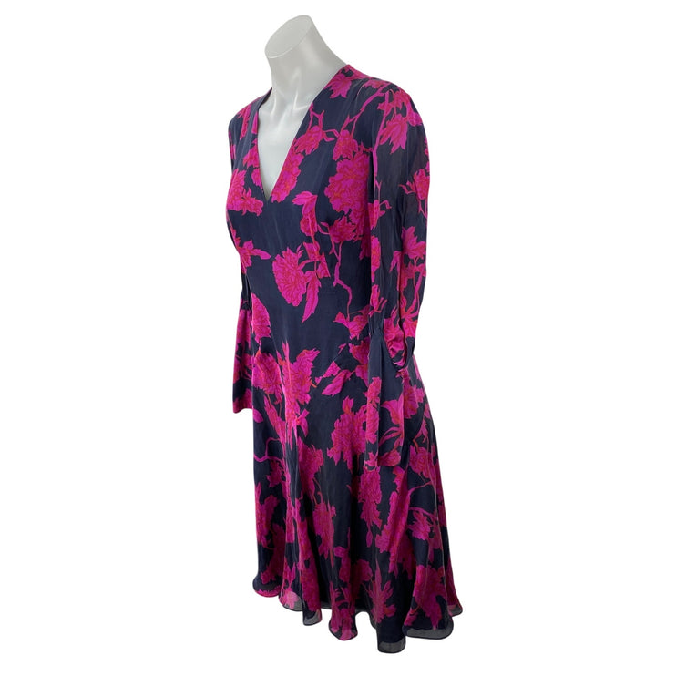 L.K. Bennett Navy Blue Pink Floral Long Sleeve V Neck A Line Midi Dress Size 6