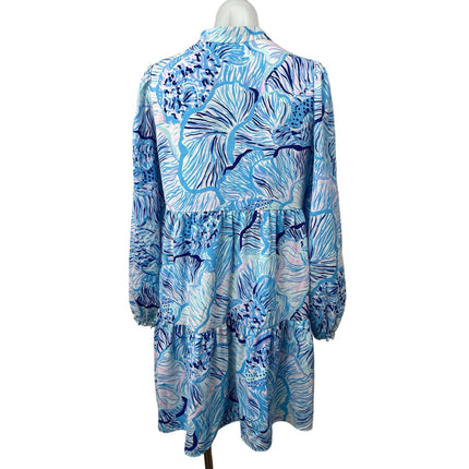 Lilly Pulitzer Winona Blue Floral V Neck Long Sleeve Mini Swing Shift Dress Sz S
