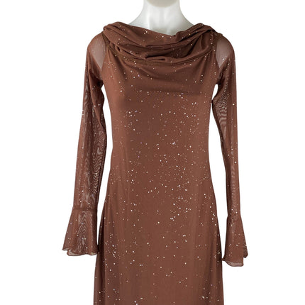 Women's Brown Splatter Long Bell Sleeve Mesh Cowl Evening Gown Maxi Dress Size L