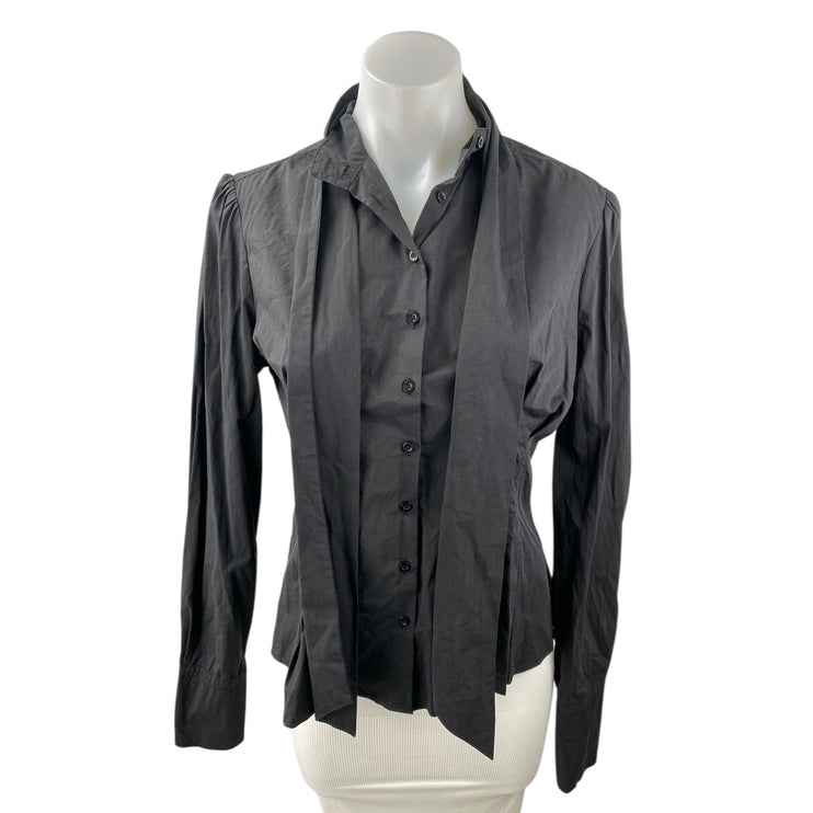 Question? Black Collared Tie Neck Long Sleeve Button Down Shirt Blouse Top Sz S
