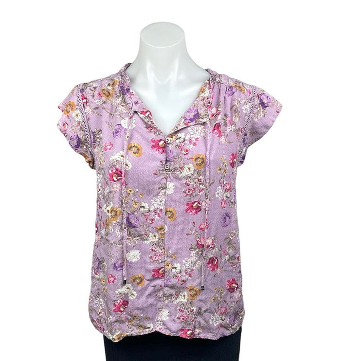 Buffalo David Bitton Purple Split V-Neck Flutter Sleeve Floral Blouse Top Size M