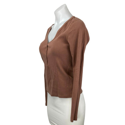 Abercrombie & Fitch Women's Brown Rib Knit Henley Long Sleeve Crop Shirt Top M