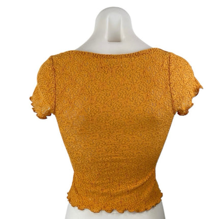 Urban Outfitters Quinn Lace Coral Lettuce Tie Scoop Short Sleeve Crop Top Sz XS