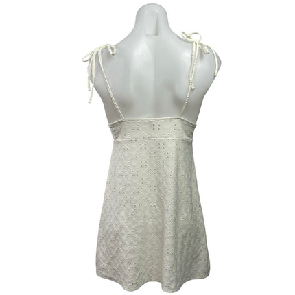 H&M White Sleeveless Embroidered Tie Strap Cami V Neck A Line Mini Dress Size S