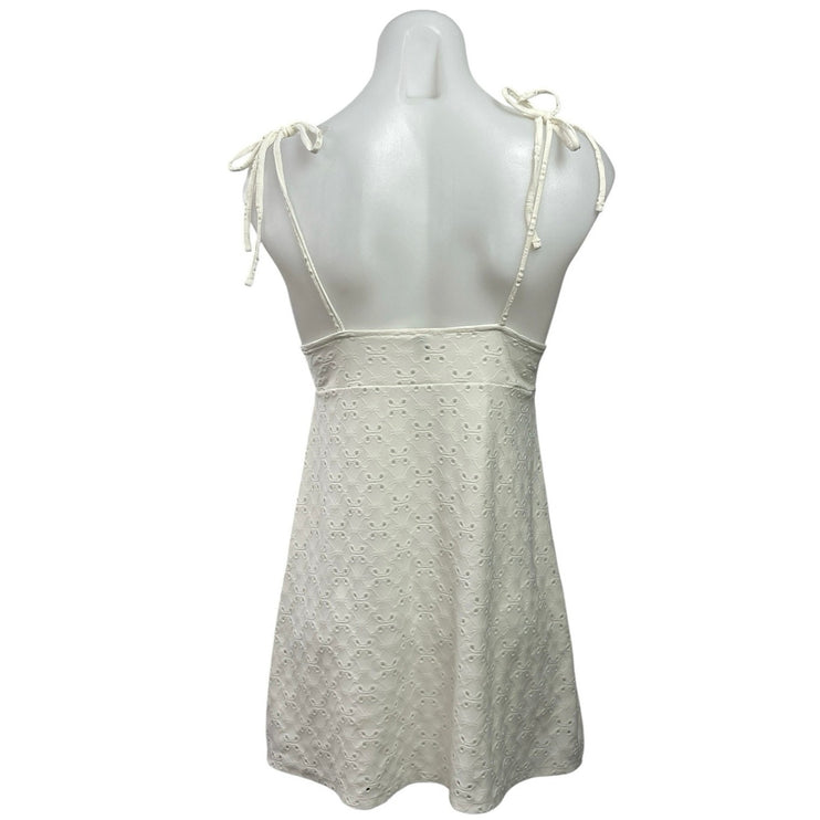 H&M White Sleeveless Embroidered Tie Strap Cami V Neck A Line Mini Dress Size S