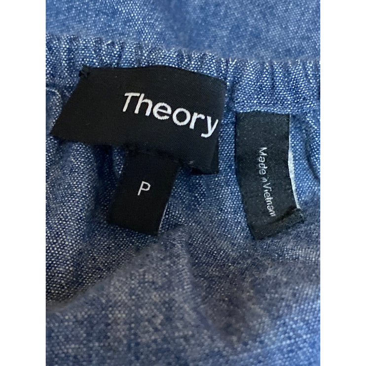 Theory Waleska Chambray Ruched Long Puff Sleeve Off Shoulder Crop Blouse Top S