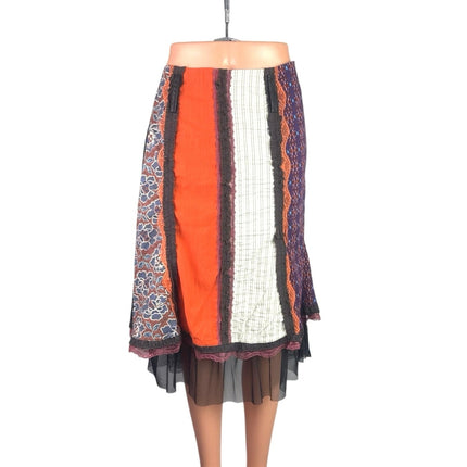 Des Filles a la Vanille Multicolor Patchwork Lace Floral Stripe Midi Skirt Sz M