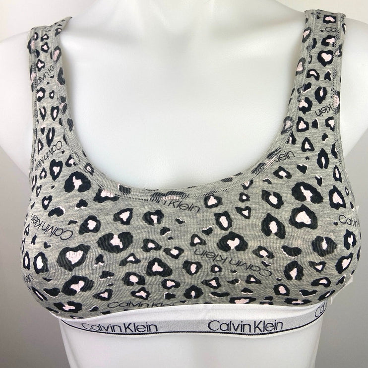 Calvin Klein NWT Gray Leopard Print Spell Out Waistband Sports Bra Top Size M