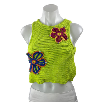 Zara Women's Green Floral 3D Beaded Crochet Sleeveless Knit Crop Top Size S