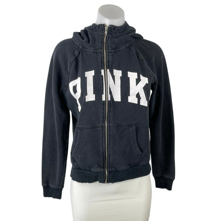 Pink Victoria's Secret Women's Black Zip Up Hoodie Hooded Sweatshirt Top Size S