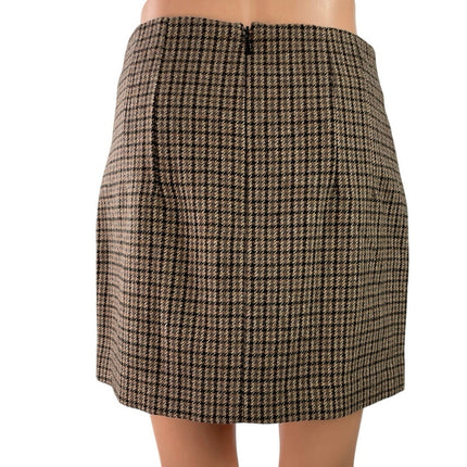 MNG Mango Brown Beige Wool Houndstooth Plaid Pleated Pencil Mini Skirt Size S
