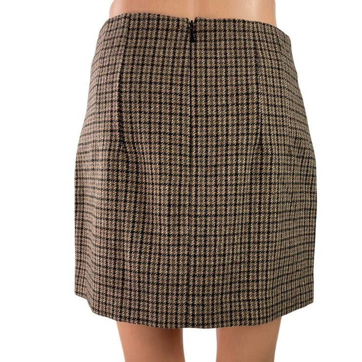MNG Mango Brown Beige Wool Houndstooth Plaid Pleated Pencil Mini Skirt Size S