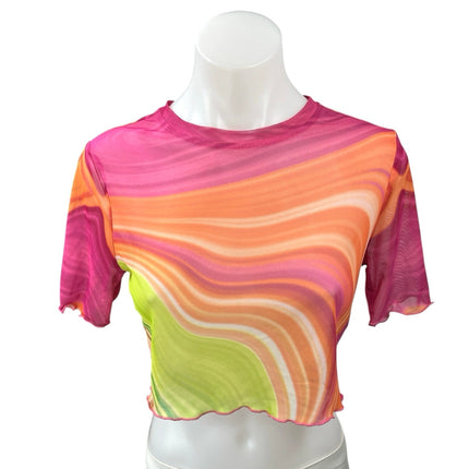 AFRM Isla Spring Wave Multicolor Mesh Short Sleeve Crew Sheer Crop Top Tee Sz M