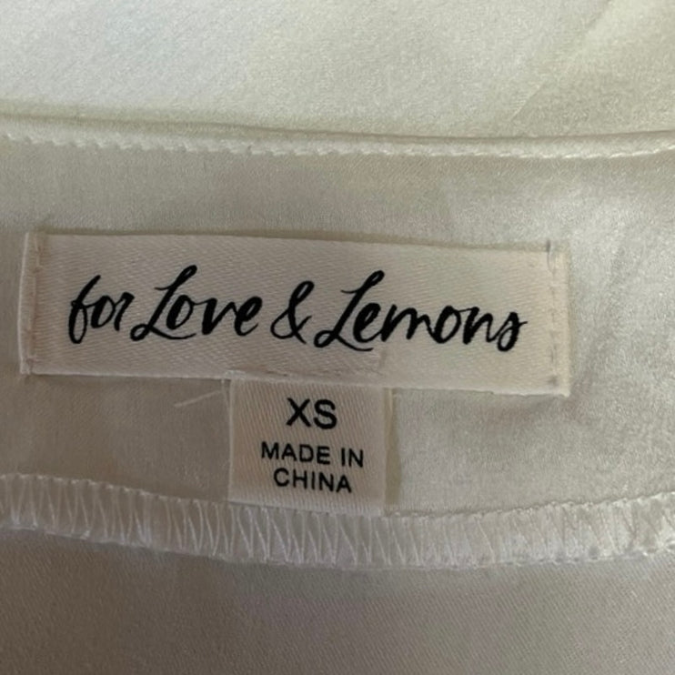 For Love & Lemons White Silky Satin Ruched Front Peplum Hem Crop Blouse Top XS