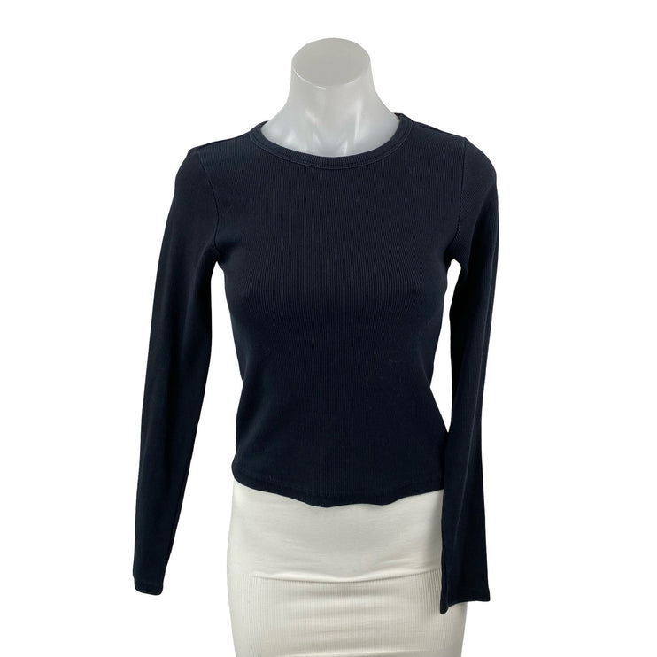 Anthropologie Maeve Women Black Long Sleeve Crewneck T Shirt Tee Crop Top Size S