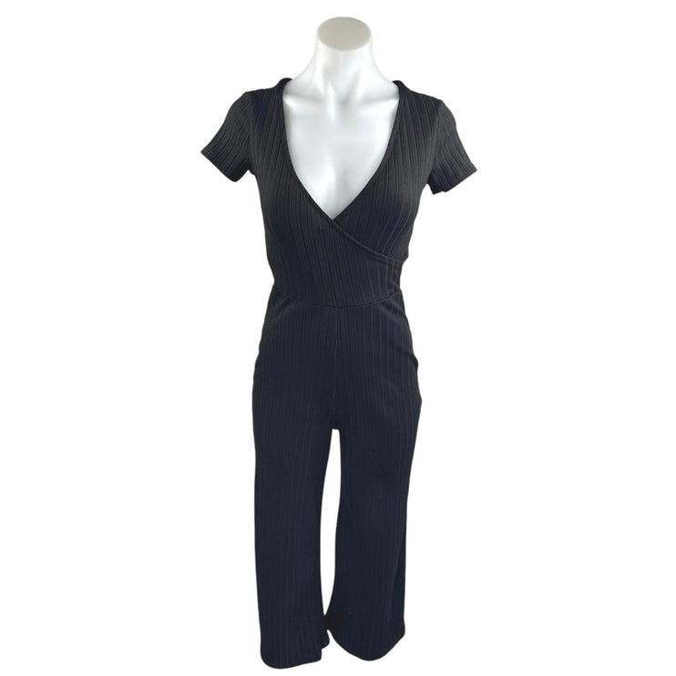 Stradivarius Black Short Sleeve Rib Knit Deep V Neck Faux Wrap Jumpsuit Size S