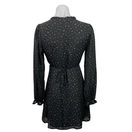 Mi Ami Black Floral Long Sleeve Ruffle V Neck A Line Tie Wrap Mini Dress Size S
