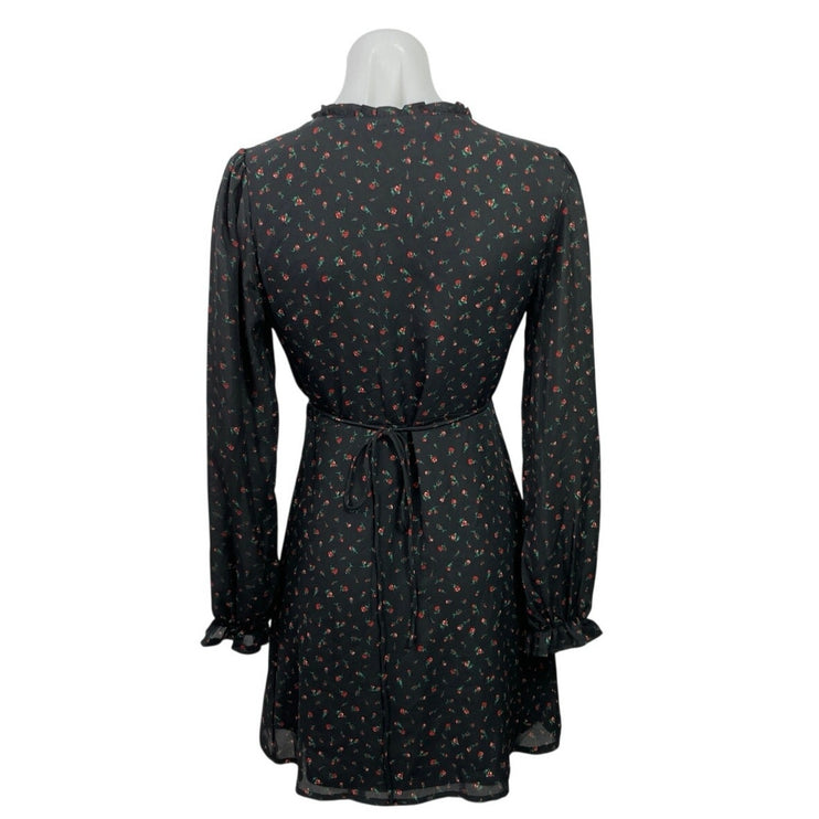 Mi Ami Black Floral Long Sleeve Ruffle V Neck A Line Tie Wrap Mini Dress Size S